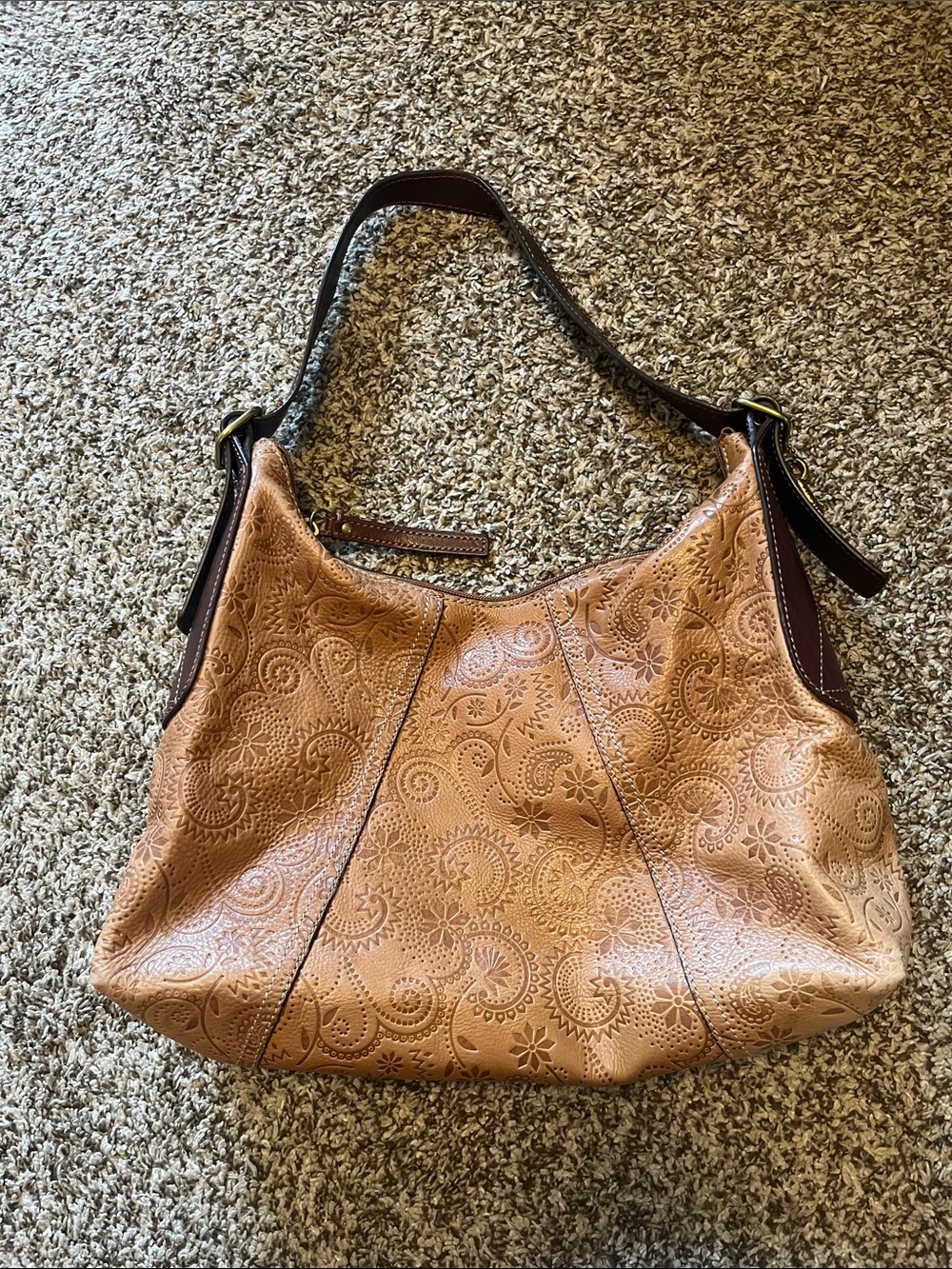Fossil Embossed Light Brown Shoulder Bag with Dark Brown Strap - Picture 2 of 7